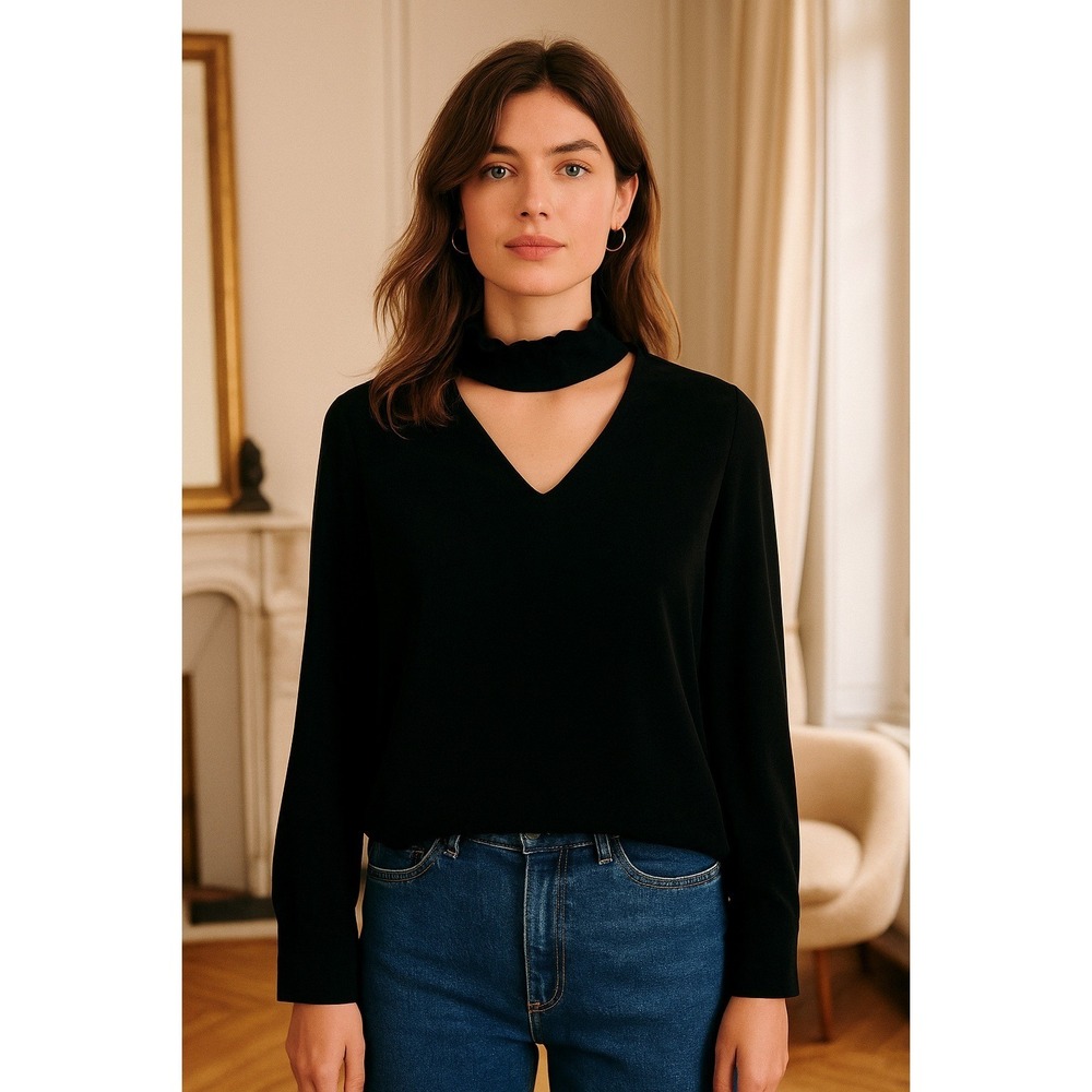 Of Mercer Made in NY Silk Black Top Tie Neck Dark Chic‎ Romantic Quiet Luxury